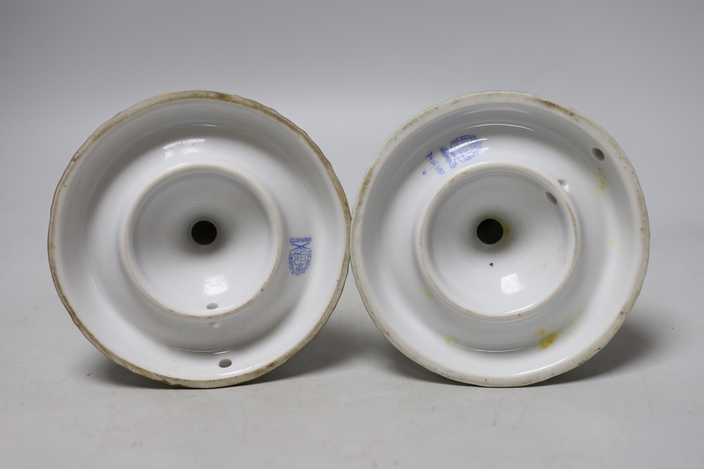 A pair of Herend porcelain two branch candelabra, 22cm